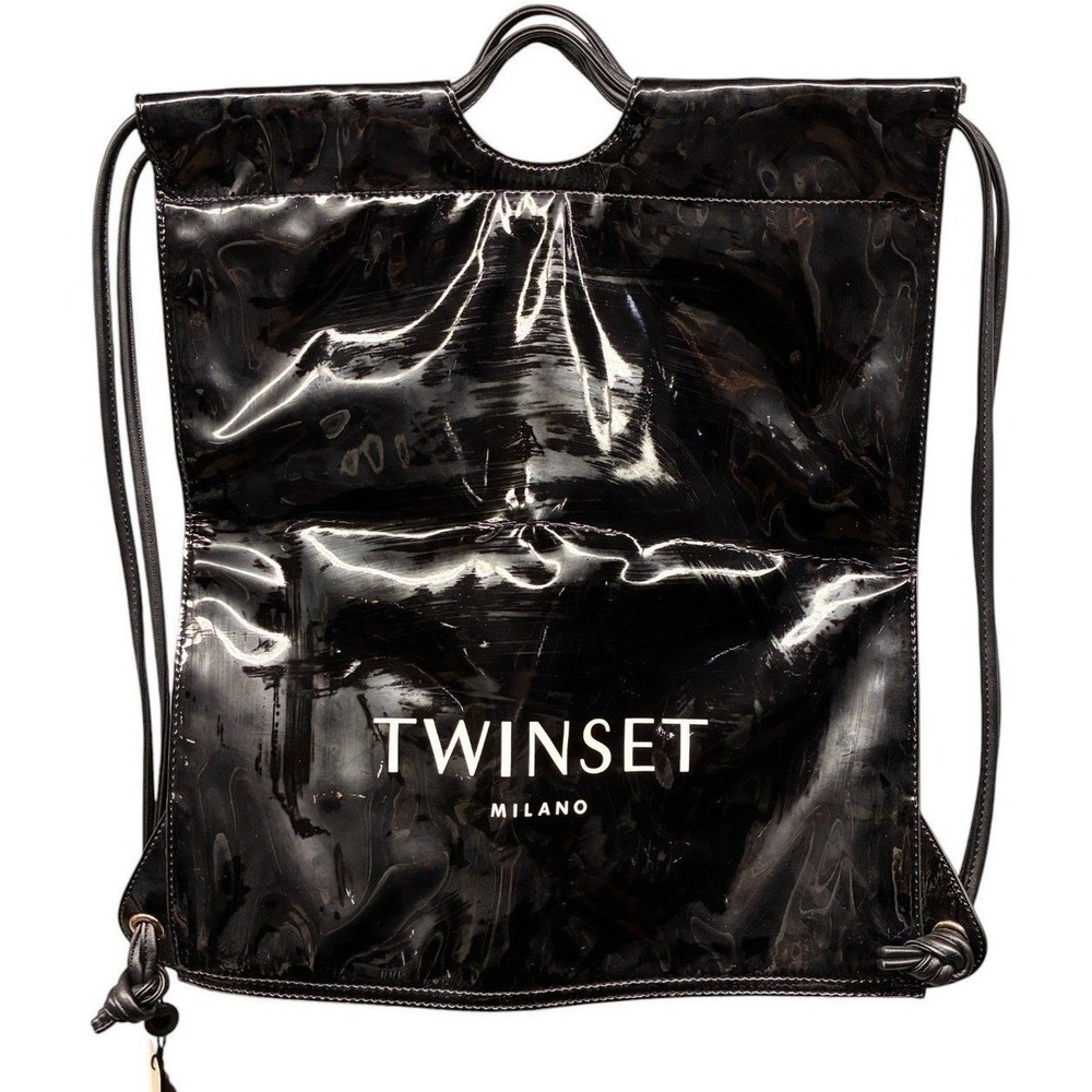 Twinset Milano Patent Drawstring Backpack Tote Bag Womens Black Cinch Sack NWT